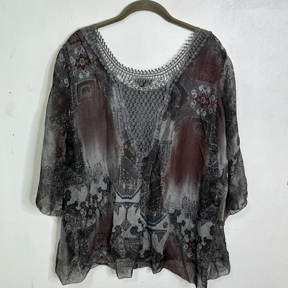 Made in Italy Silk Blend Crochet Lace Neckline Boho Print Blouse Grey Small - Picture 5 of 5